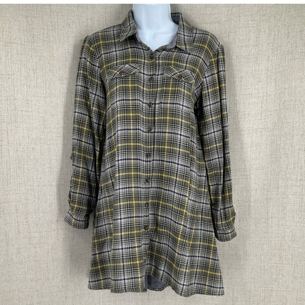 Ivy Jane Plaid Tunic Women XS Gray Yellow Cotton Lace Back Boho Button Down Top‎